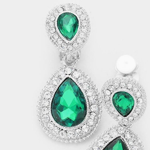 Emerald Green Crystal Pave Trim Teardrop Clip on Earrings - Picture 2 of 6